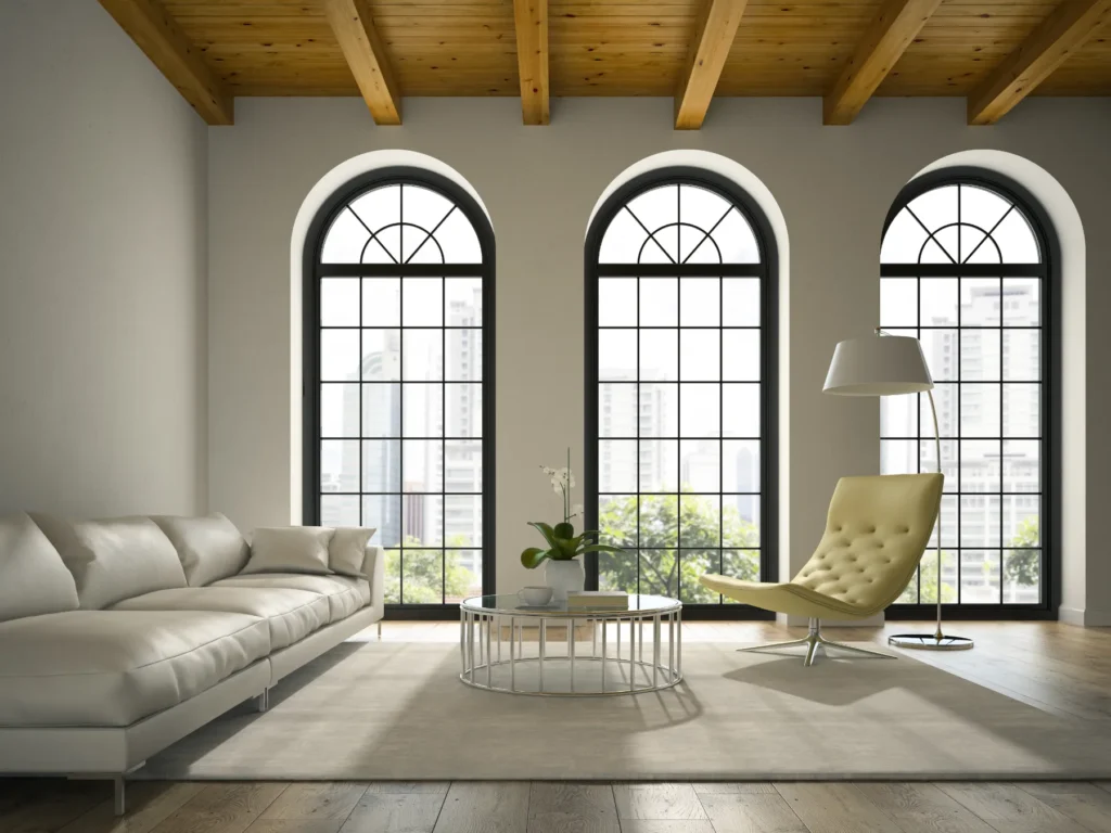 Wnętrze domu z panoramiczną aluminiową ścianą przeszkloną ATN Okna